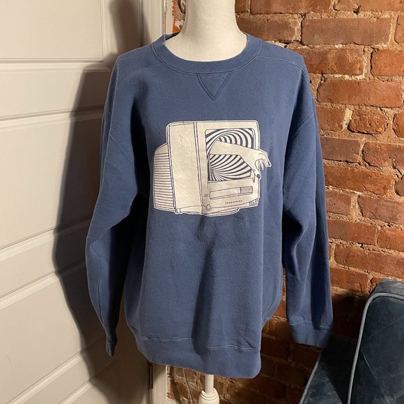 Vintage Tops - Vintage and Retro Blue Graphic TV VHS Illusion Crewneck Sweatshirt